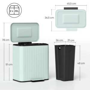 Grüner HOMCOM Duo-Mülleimer, 2x20L, mit Tretfunktion und herausnehmbaren Eimern. Ideal für Abfalltrennung.
