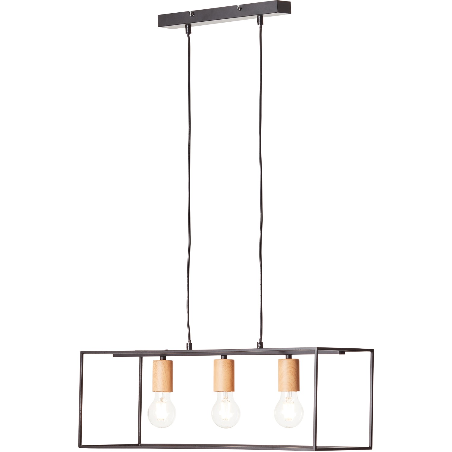 Schwarze 3-flammige Pendelleuchte Arica mit Holzelementen für den Innenbereich.
