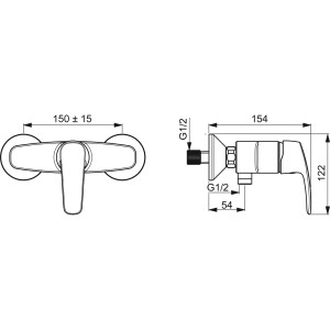 Technische Zeichnung der Hansa Pinto Brausebatterie 4512 in Chrom mit Maßangaben.