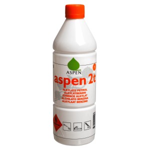 Aspen 2-Takt-Gemisch 1 l in weißer Flasche mit orangem Deckel für Kettensägen.