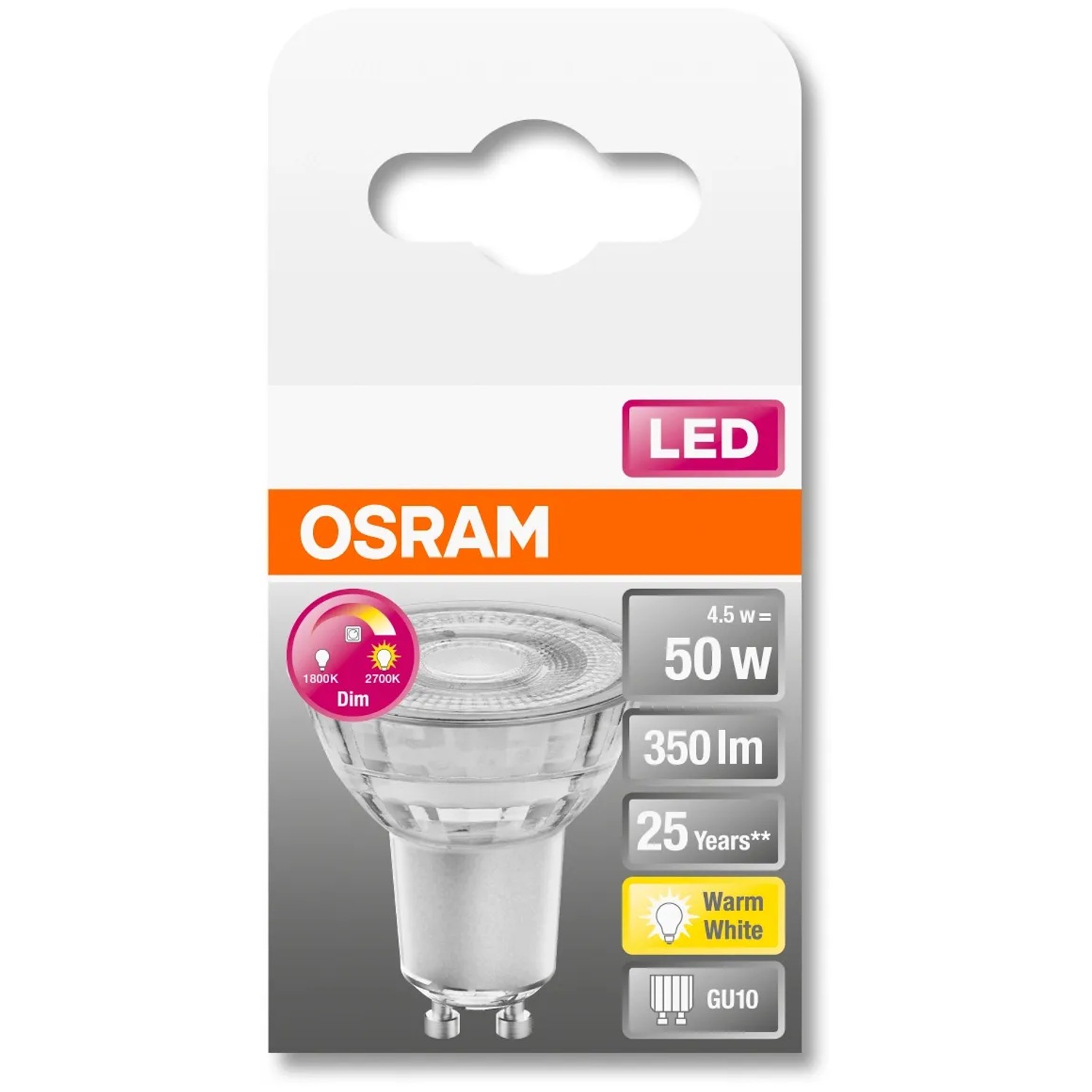 Osram GU10 LED-Lampe, 4,5W, warmweiß, 350lm, EEK: F, 5,4x5cm. Dimmbares Leuchtmittel für Wohnräume.