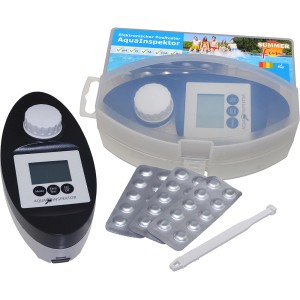 Summer Fun Aqua Inspector Pooltester Set mit Messgerät, Reagenztabletten und Rührstab im Koffer.