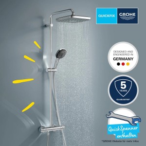 Grohe Vitalio Comfort 250 Brausegarnitur mit Kopf- und Handbrause, Thermostat und Duschstange in Chrom.
