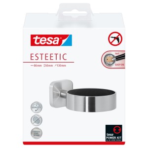 Tesa Esteetic Fönhalter in Edelstahloptik, zur Wandmontage ohne Bohren.