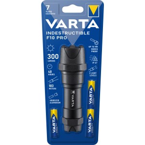Varta Indestructible F10 Pro LED-Taschenlampe mit Batterien, robust und stoßfest.