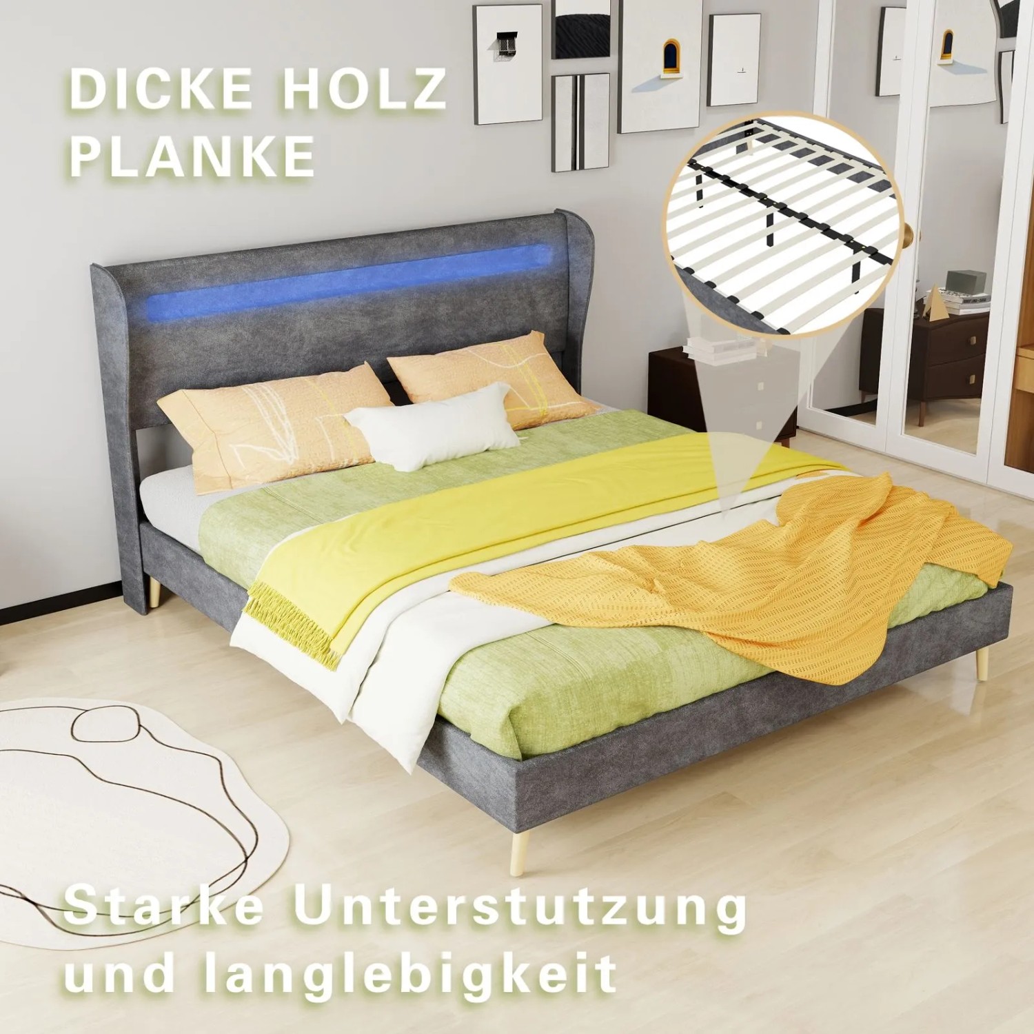 okwish Polsterbett 160x200cm mit LED Kopfteil Schlafzimmer Grau ohne Matratze_6