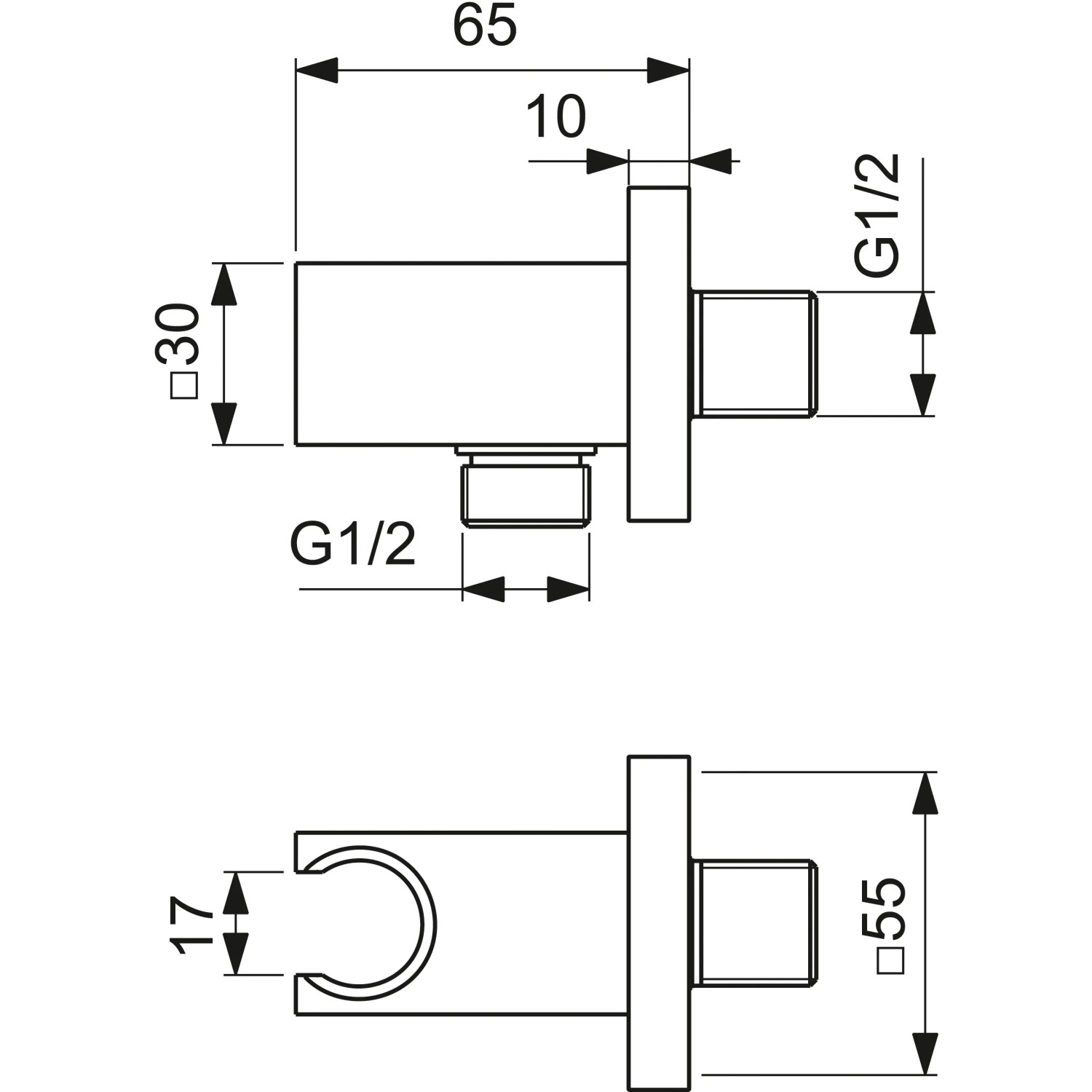 Technische Zeichnung: Ideal Standard Idealrain Atelier Brausehalter, eckig, Chrom, mit Maßen.