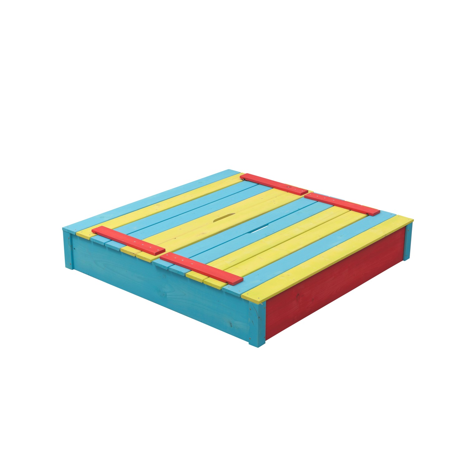 Farbenfroher SwingKing Sandkasten Sepp 120x120 cm mit Deckel.