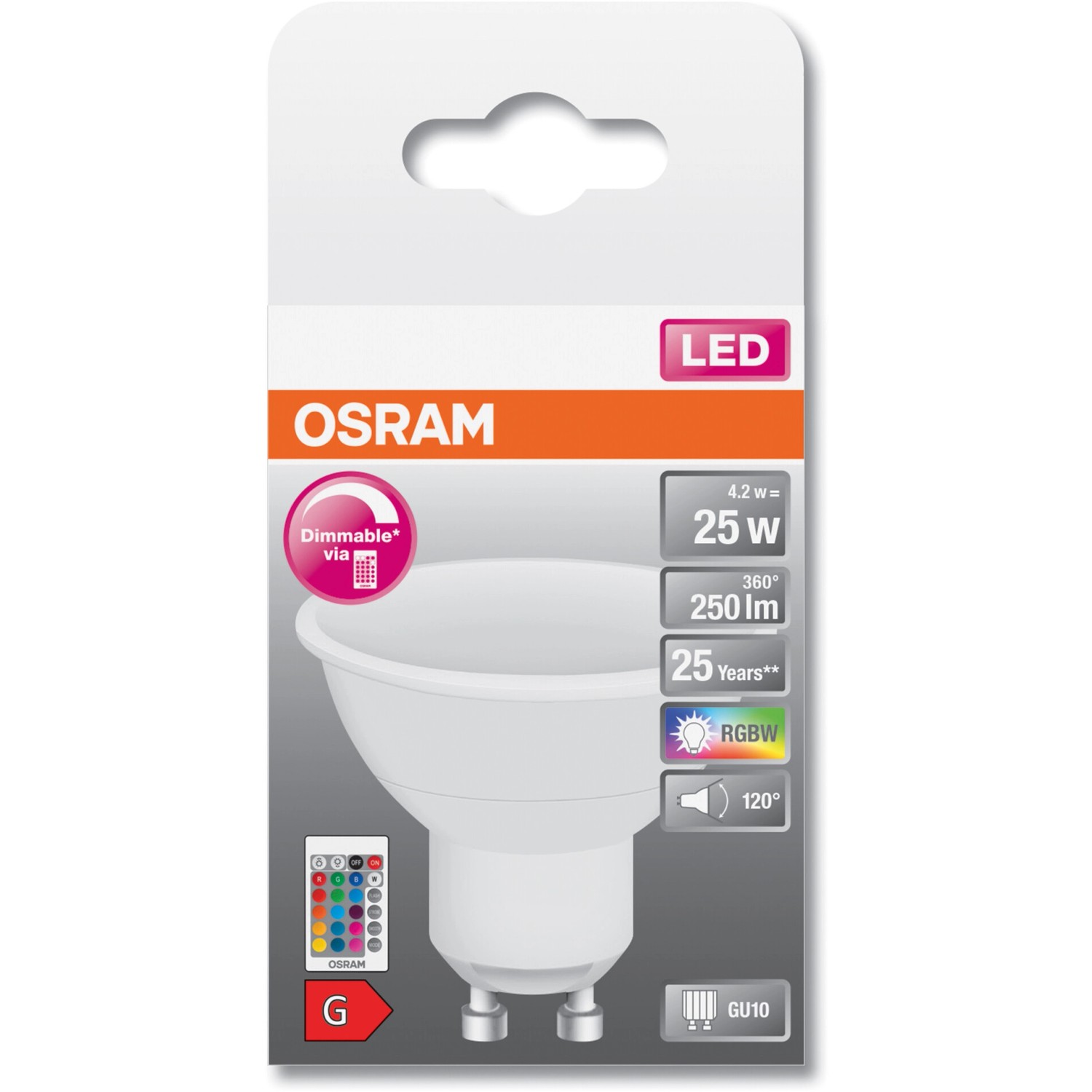 Osram GU10 LED-Lampe, 4,2W, warmweiß, dimmbar mit Fernbedienung. Energieeffizienzklasse G.