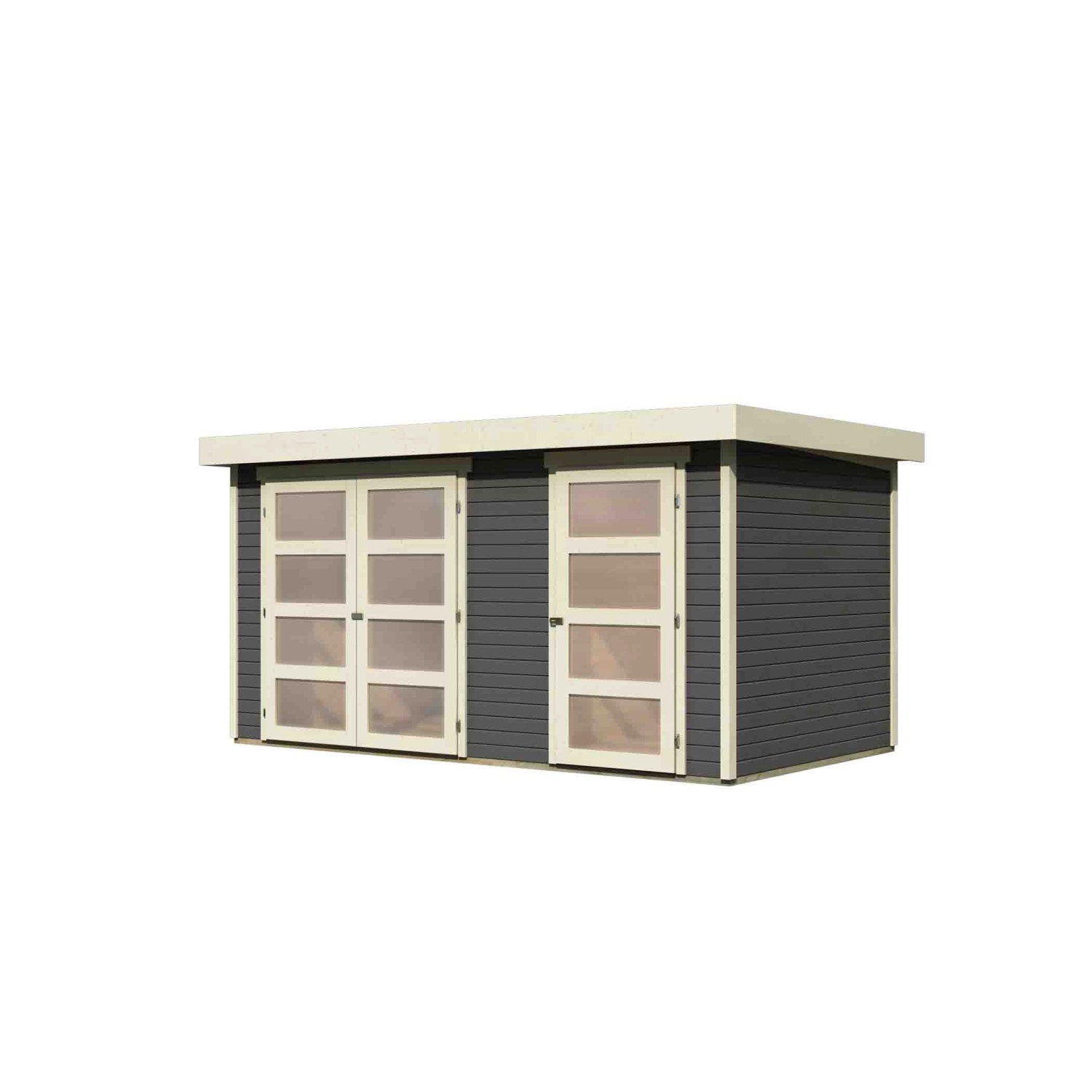 Karibu Holz-Gartenhaus Nürnberg, terragrau, mit Doppeltür und Einzeltür.