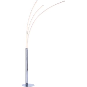 Moderne LED Stehleuchte Maja in Chrom, 215 cm hoch, mit drei geschwungenen Leuchtelementen.