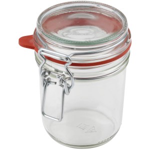 Dr. Oetker Bügelglas, 370ml, transparent, mit rotem Dichtungsring und Metallbügel.