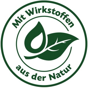 Symbol: Compo Ameisen-Köder N mit natürlichen Wirkstoffen. Blatt und Tropfen in grün.