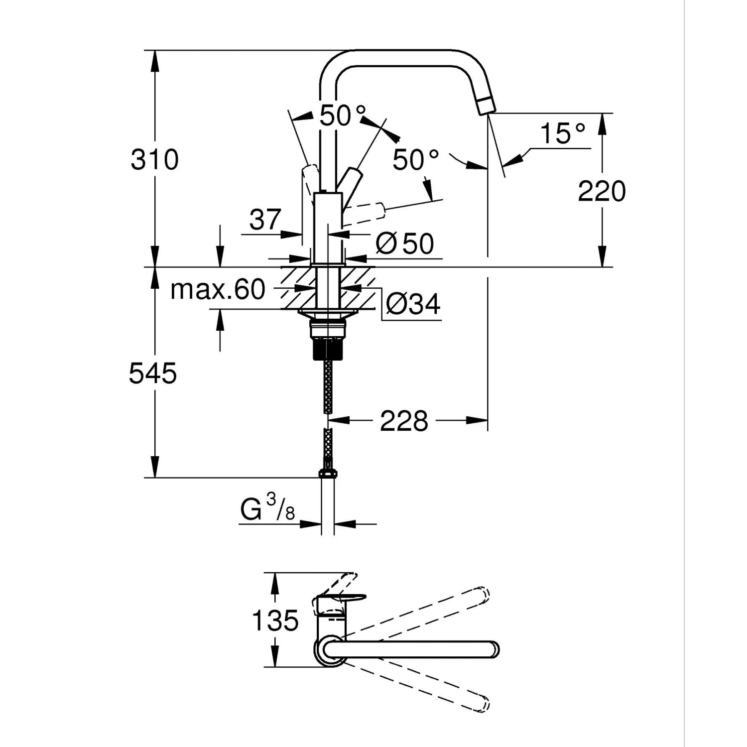 Technische Zeichnung Grohe QuickFix Spültischarmatur Start mit U-Auslauf und Maßangaben.