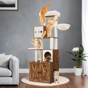 Feandrea Kratzbaum mit Katzenklo-Schrank, 180 cm, braun, mit spielenden Katzen.