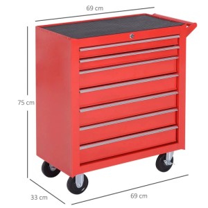 Roter DURHAND Werkstattwagen/Werkzeugwagen aus Stahl mit 7 Schubladen und Rollen, 69x33x75 cm. Mobil und abschließbar.