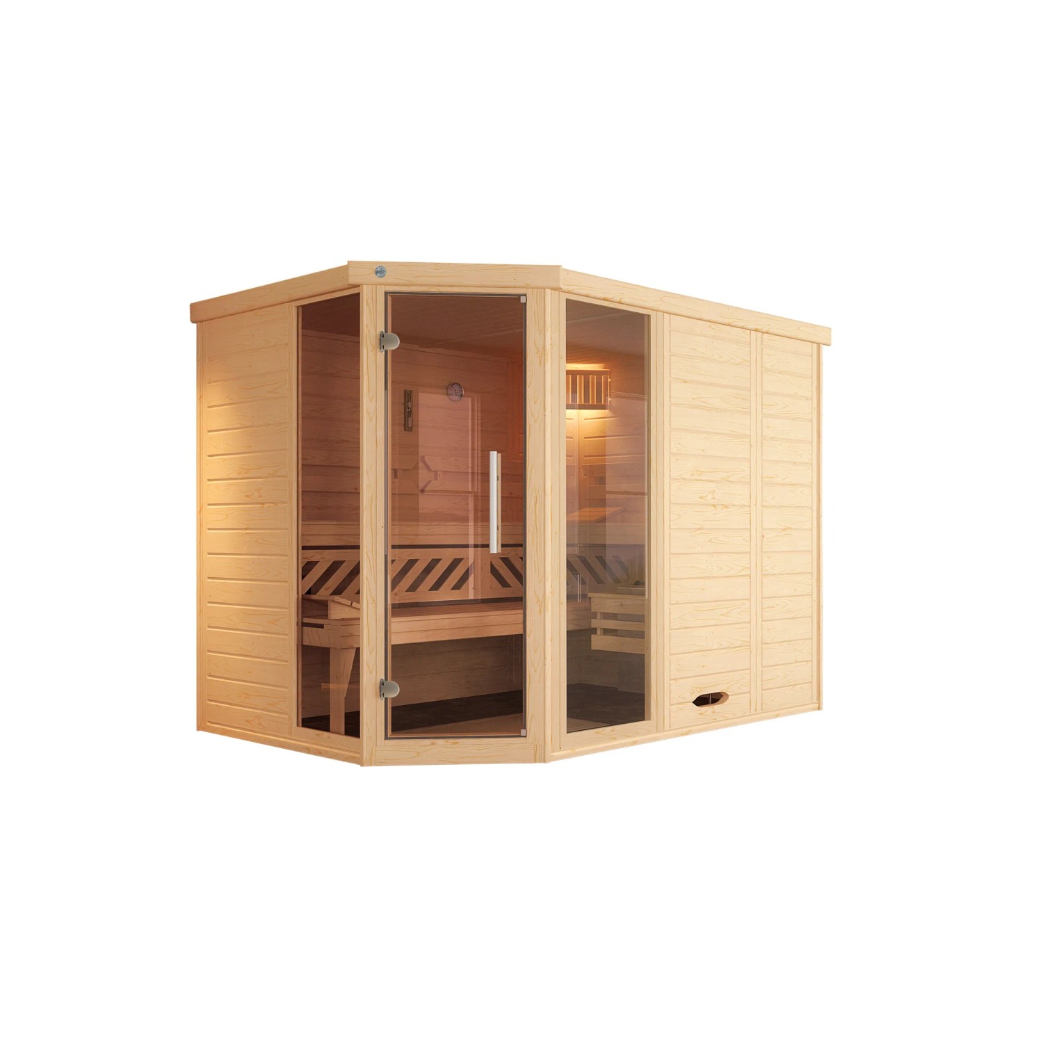 Weka Elementsauna Kemi Eck mit Glastür und Fenster, 7,5 kW Ofen Sparset.