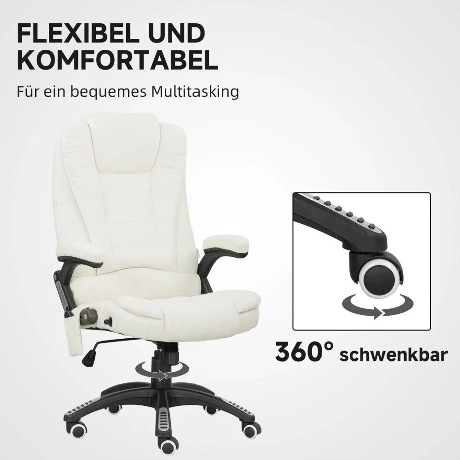 Cremeweißer Vinsetto Massagestuhl aus Leinenimitat, ergonomisch, mit 360° drehbarem Fußkreuz und Rollen.