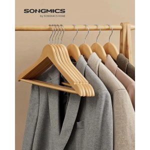 Songmics Kleiderbügel-Set, 10 Holz-Bügel mit Hosensteg und drehbarem Haken, für Textilien.