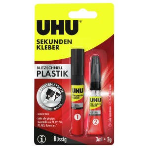 UHU Sekundenkleber Plastik, 2-Phasen-System mit Aktivator-Stift und Kleber für Kunststoffe.