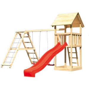 Karibu Spielturm Lotti mit roter Rutsche, Klettergerüst und Doppelschaukel.