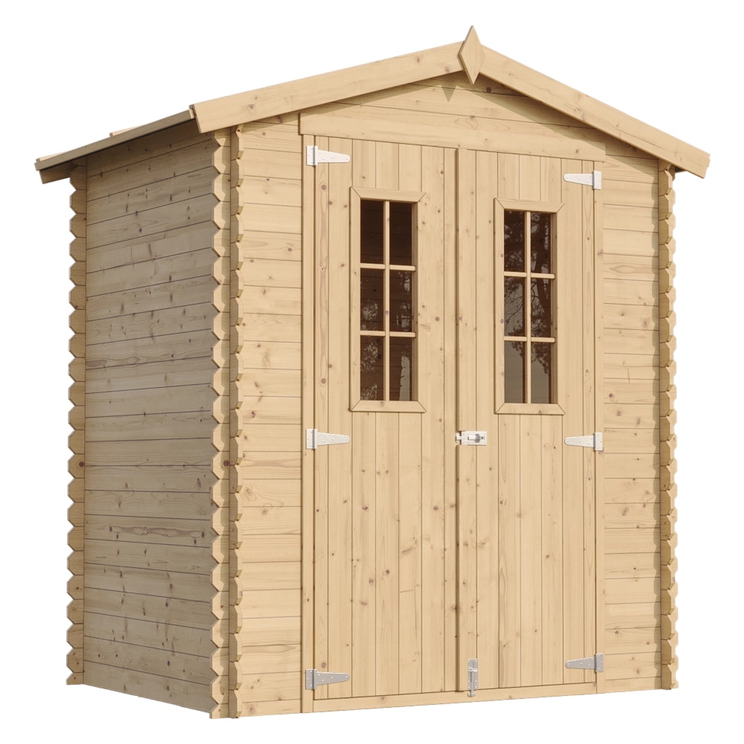 Timbela Holz-Gartenhaus M367C, beige-braun, 1,98 m², mit Doppeltür und Fenster.
