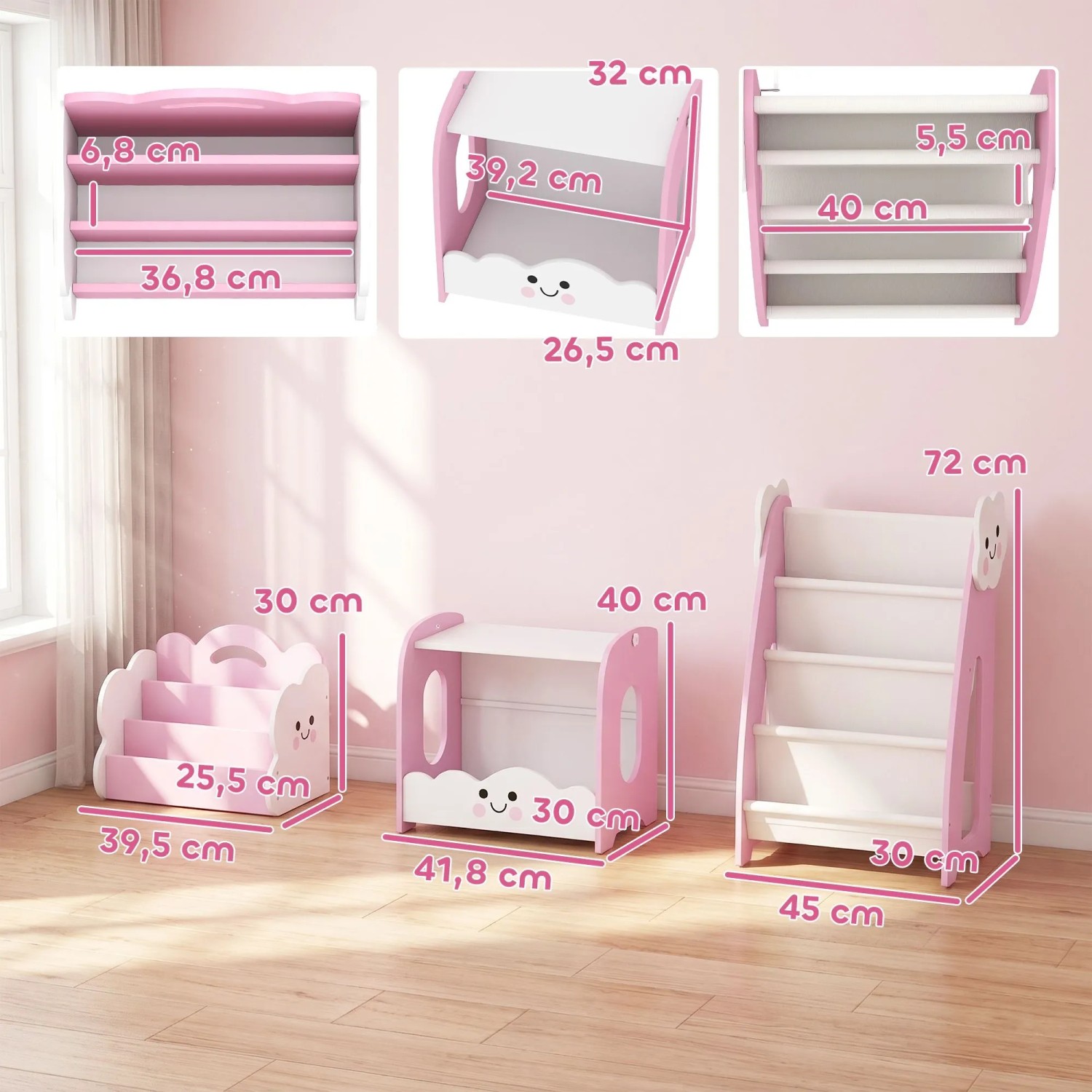 Rosa-weißes AIYAPLAY Kinderregal-Set aus MDF mit Wolkenmotiven. Bücherregal, Spielzeugregal und Schrank für Kinderzimmer.