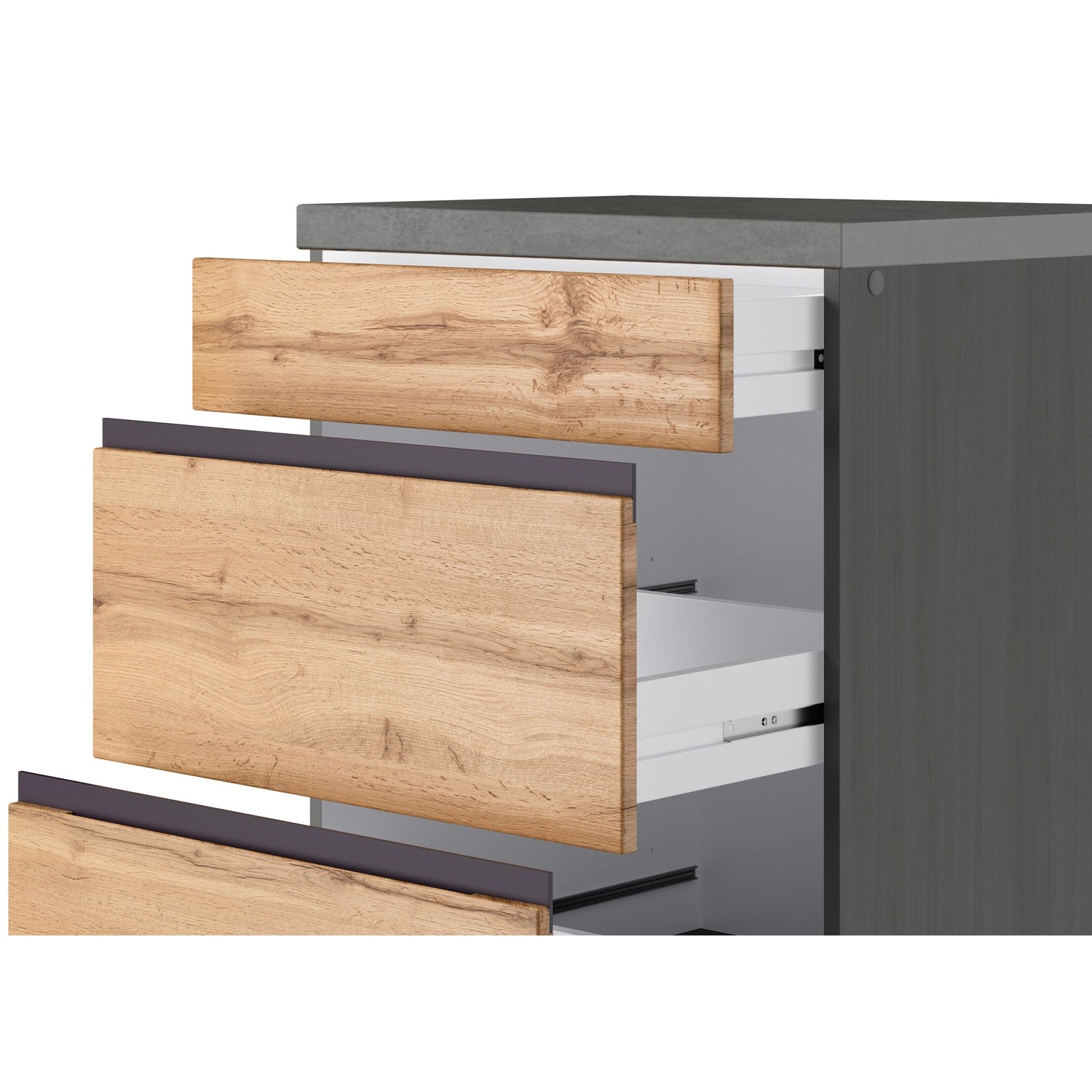 Held Möbel Winkelküche Turin, Schubladen in Wotaneiche und Graphit, Detailansicht.