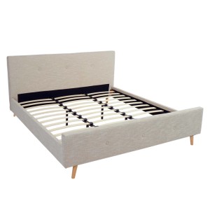 Creme-beiges Polsterbett 180x200 cm mit Lattenrost und Massivholz-Rahmen.