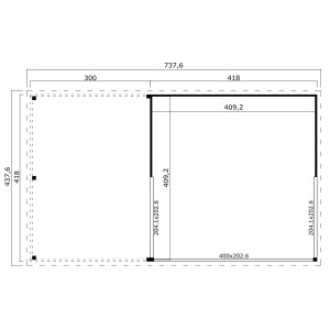 Technische Zeichnung der Lasita Maja Dachverlängerung Domeo 5, carbongrau, mit Maßangaben.