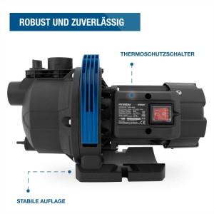 HYUNDAI Gartenpumpe GP80037, schwarz-blau, mit Thermoschutzschalter und stabiler Auflage. Leistungsstarkes Hauswasserwerk.