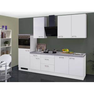 Weiße Flex-Well Exclusiv Küchenzeile Joelina 280 cm mit Beton-Arbeitsplatte und E-Geräten.