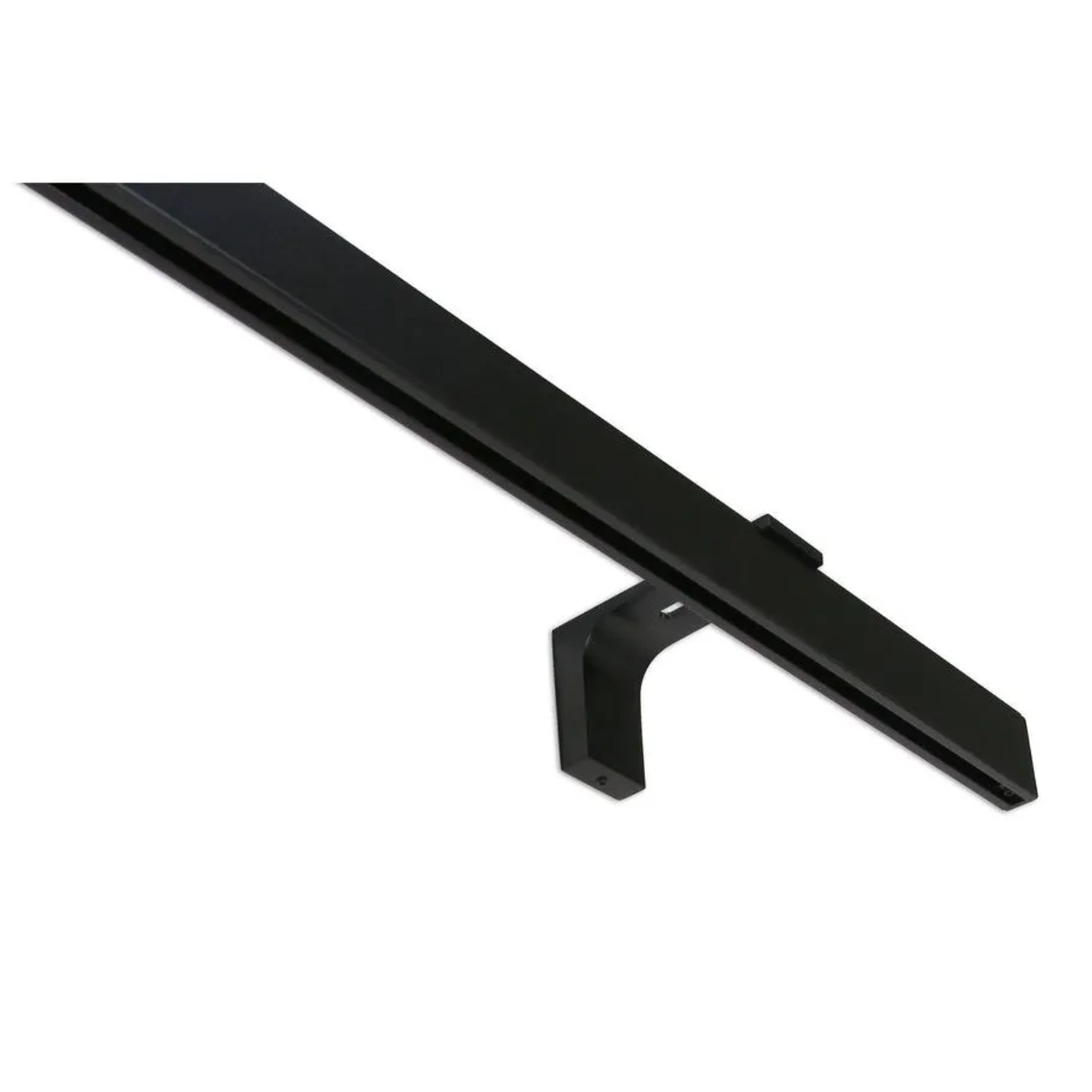 Schwarze 1-läufige Gardinenschiene aus Aluminium mit Wandhalterung. Ideal für moderne Wohnräume und Flächenvorhänge.