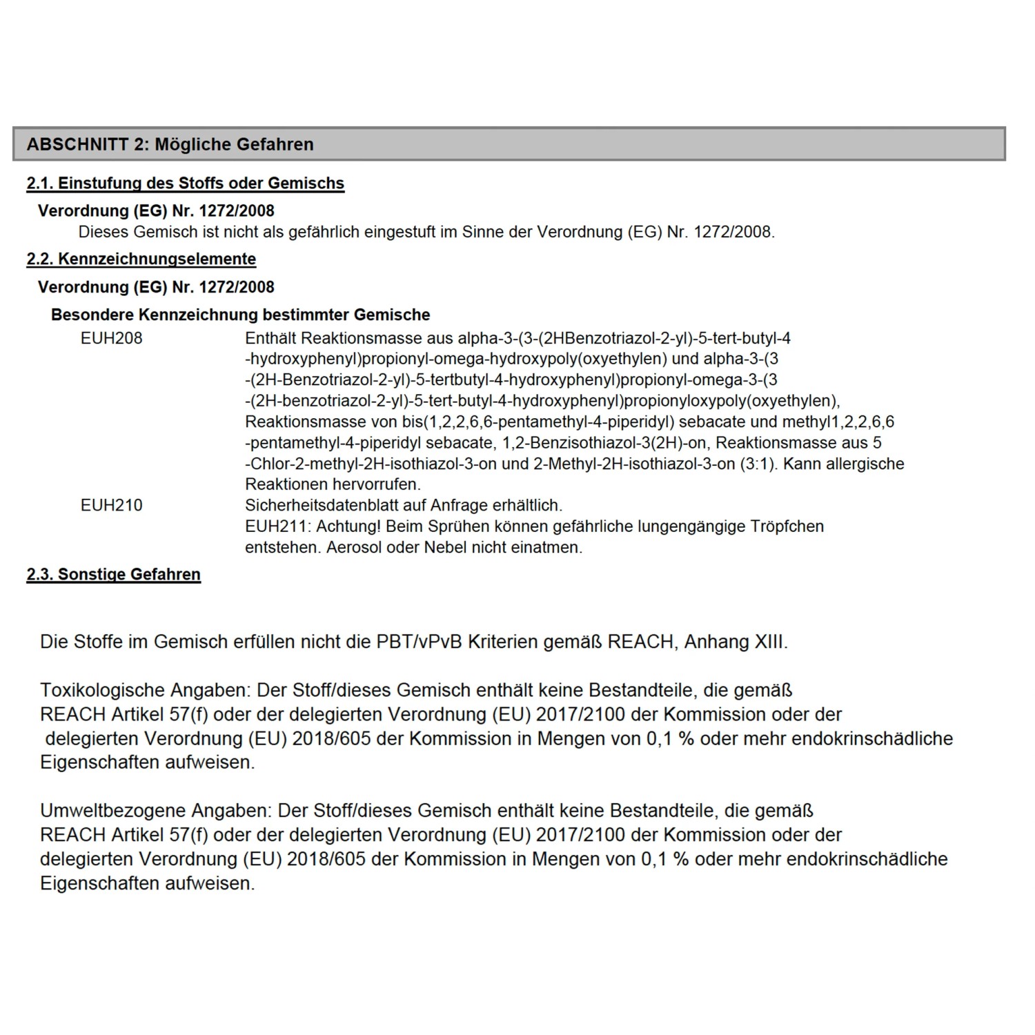 Sicherheitsdatenblatt: Informationen zu Gefahren, Inhaltsstoffen und Sicherheitsvorkehrungen.