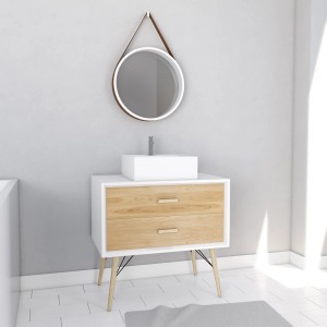 Aurlane Fjord Spiegel, 50 cm, weiß matt, mit Ledergurt. Runder Wandspiegel im skandinavischen Design.