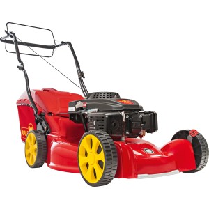Wolf-Garten A 5300 A Benzin-Rasenmäher in Rot mit gelben Rädern und Fangkorb.