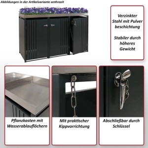 Anthrazitfarbene 3er-Mülltonnenbox mit Pflanzkasten in Holzoptik, abschließbar, 125x196x84cm.