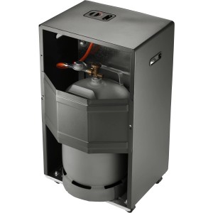 Rowi Gas-Katalytofen HGK 3400/2 K Pro in Schwarz mit Gasflasche im Gehäuse.