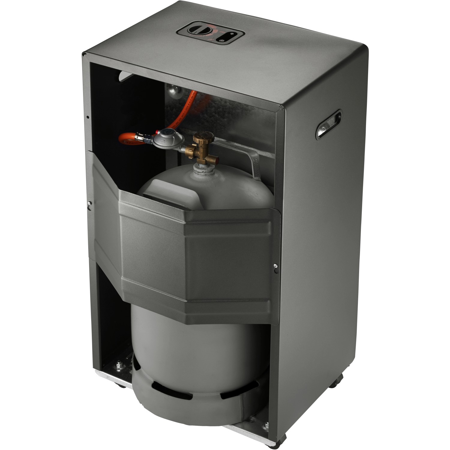 Rowi Gas-Katalytofen HGK 3400/2 K Pro in Schwarz mit Gasflasche im Gehäuse.