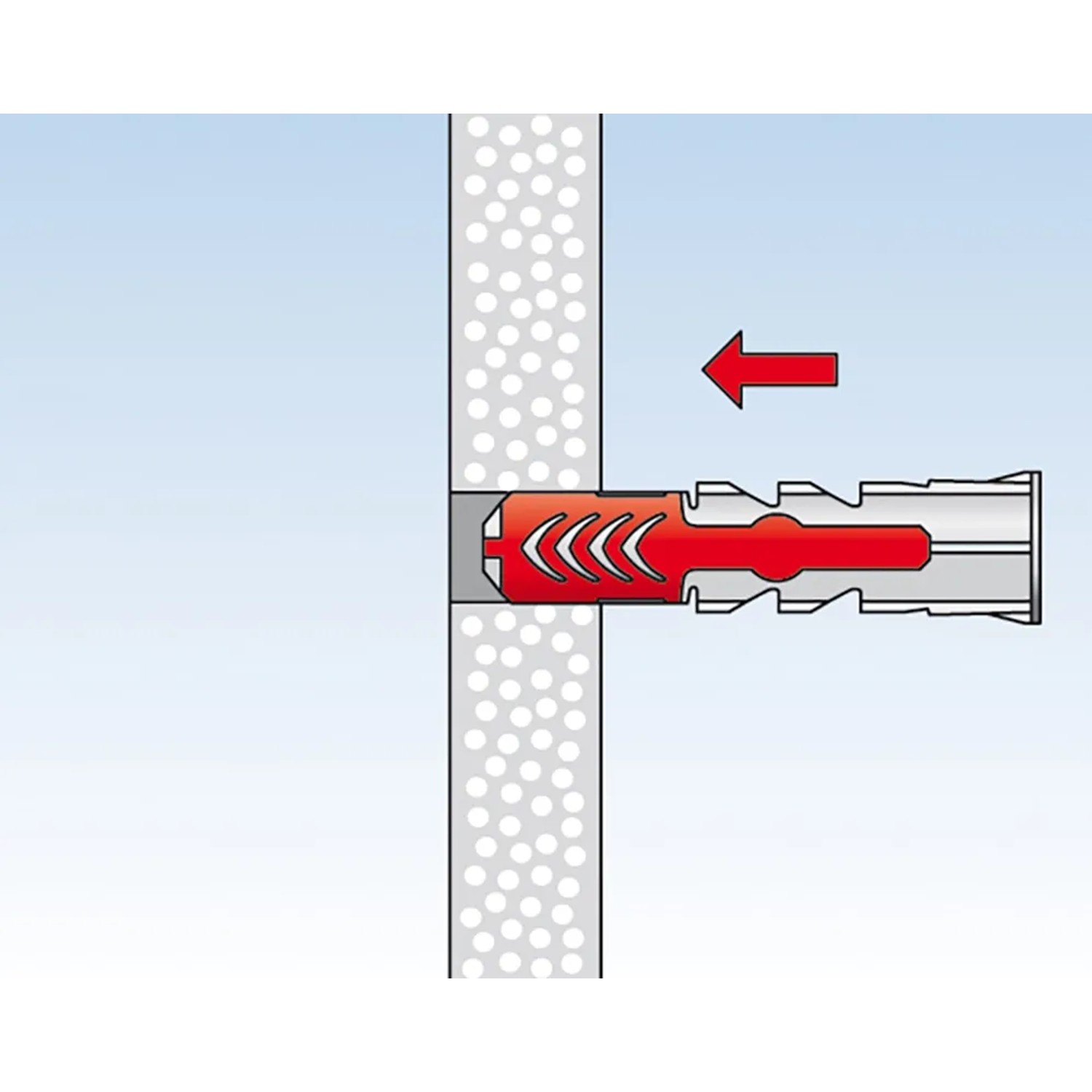Illustration: Fischer Duopower Dübel 8x65 mit Schraube in Wand, Funktionsweise des Dübels.