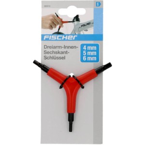 Fischer Dreiarm-Innensechskantschlüssel (4/5/6 mm) in Rot und Schwarz für Reparaturen.