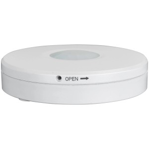 Weißer AP Bewegungsmelder ECO A8 360° für Deckenmontage, mit "OPEN" Kennzeichnung.