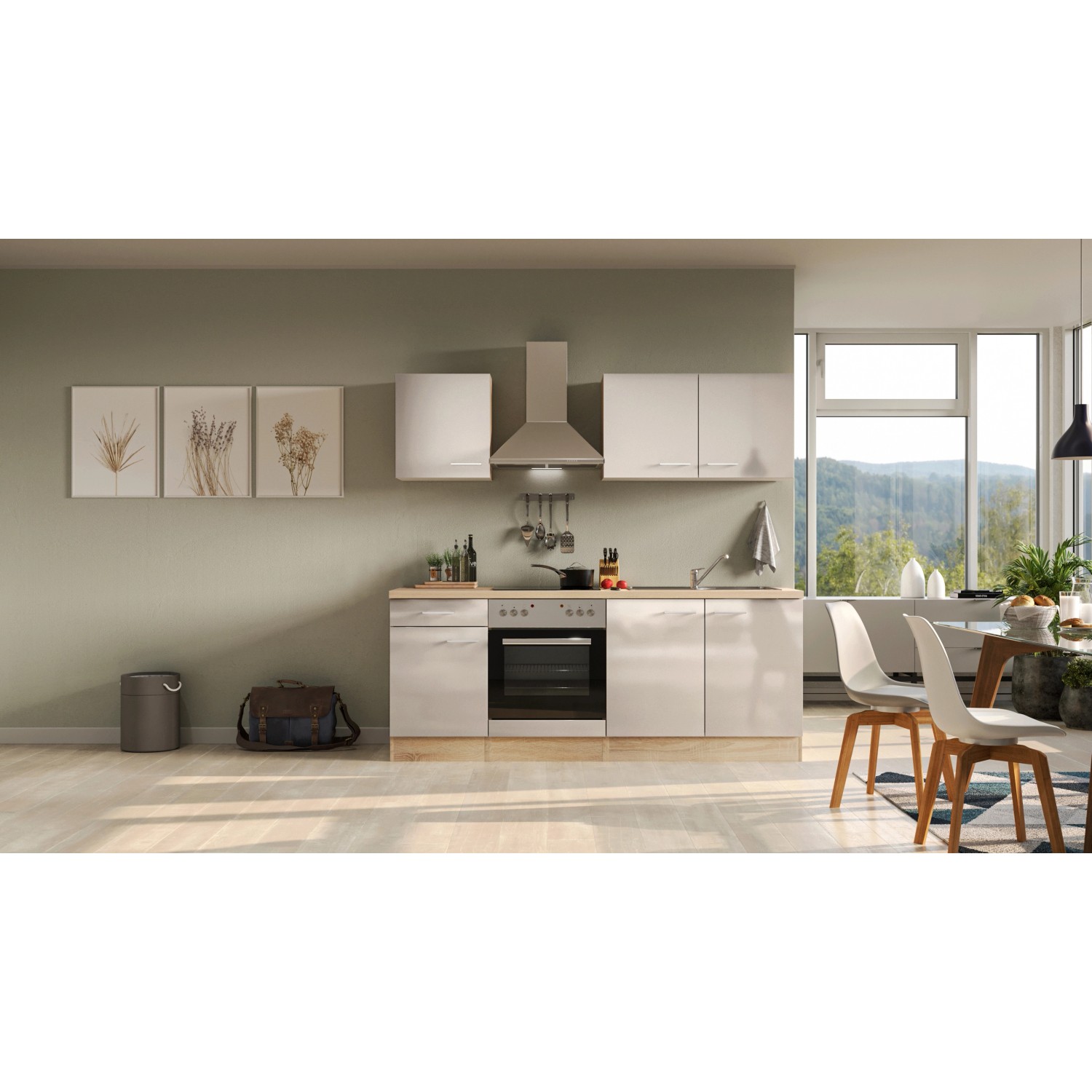 Flex-Well Küchenzeile Orlando, 210 cm, Kaschmir Glanz/Sonoma Eiche, mit E-Geräten und Spüle.