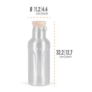 Petromax Isolierflasche TB150, 1,5 l, Edelstahl mit Bambusdeckel, Maße werden angezeigt.