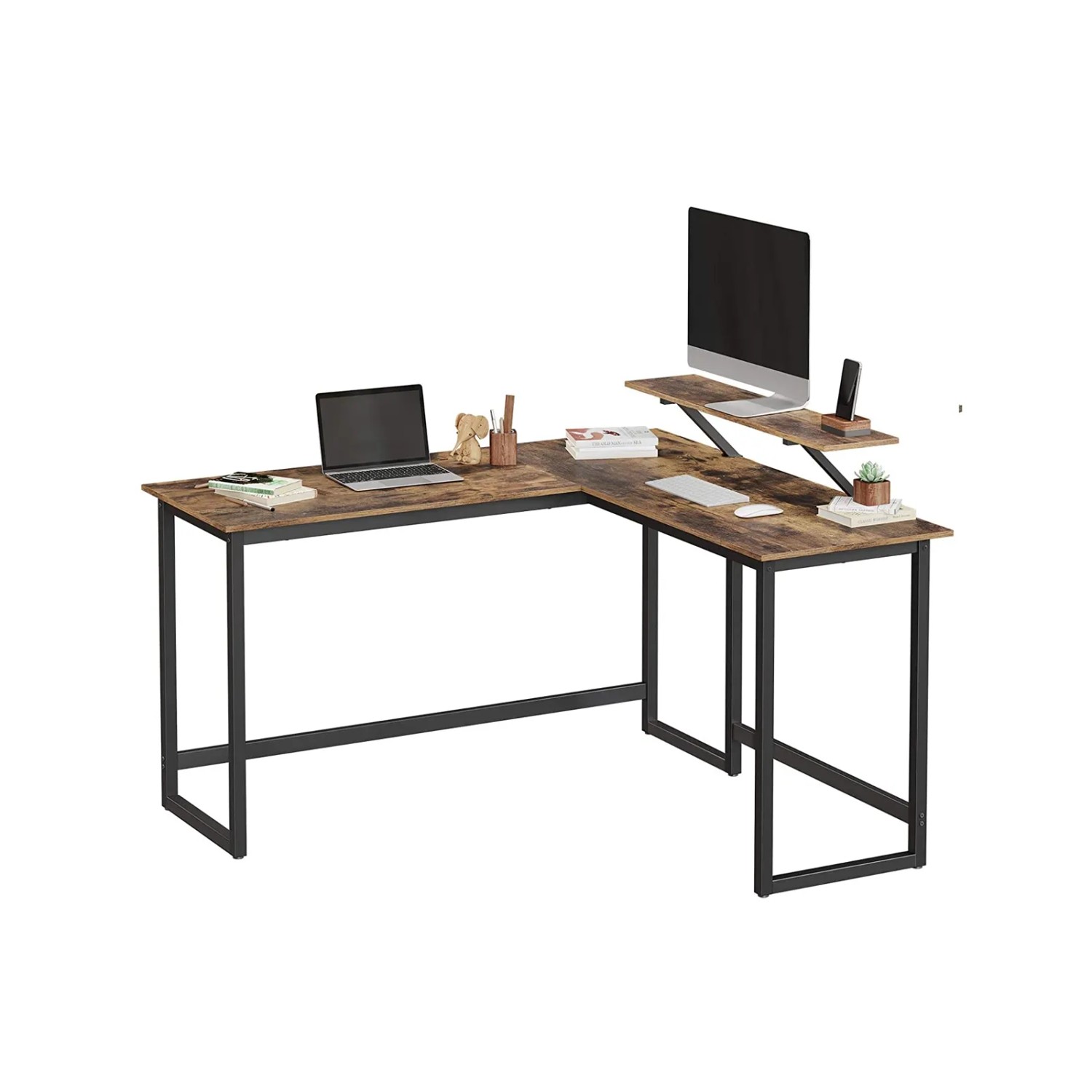 L-förmiger Vasagle Computertisch mit Monitoraufsatz, braun-schwarz. Ideal für platzsparendes Arbeiten.