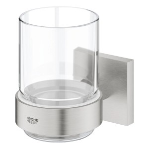 Grohe QuickFix Zahnputzbecher mit Halter, Glas und Supersteel-Optik.