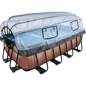 EXIT Wood Pool, braun, 400x200x122 cm mit Abdeckung. Stahlrahmenpool mit Holzoptik und transparenter Poolabdeckung.