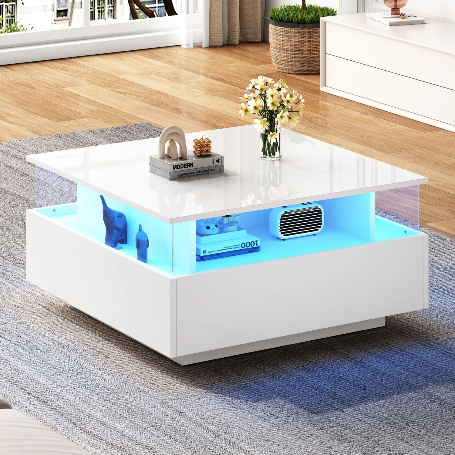 okwish Couchtisch mit LED 2 Schubladen Präsentationsbereich 70x70x41cm Weiß_2