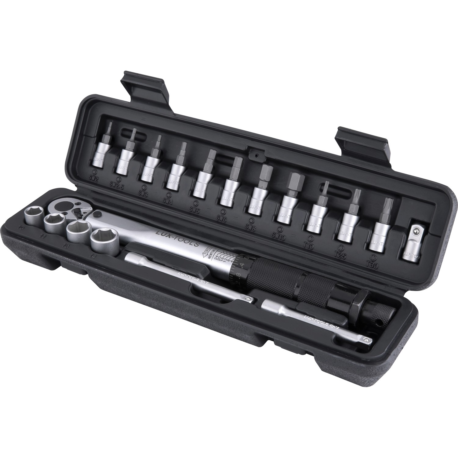 LUX Drehmomentschlüssel-Set, 19-teilig im Koffer. Schlüssel und Stecknüsse aus Chrom-Vanadium-Stahl.