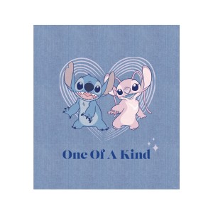 Komar Wandbild Stitch One of a Kind, 50x70 cm, mit Stitch und Angel vor Herz auf blauem Grund.